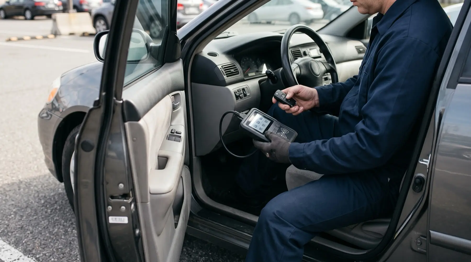 Damascus Locksmith programming a replacement car key fob at the vehicle