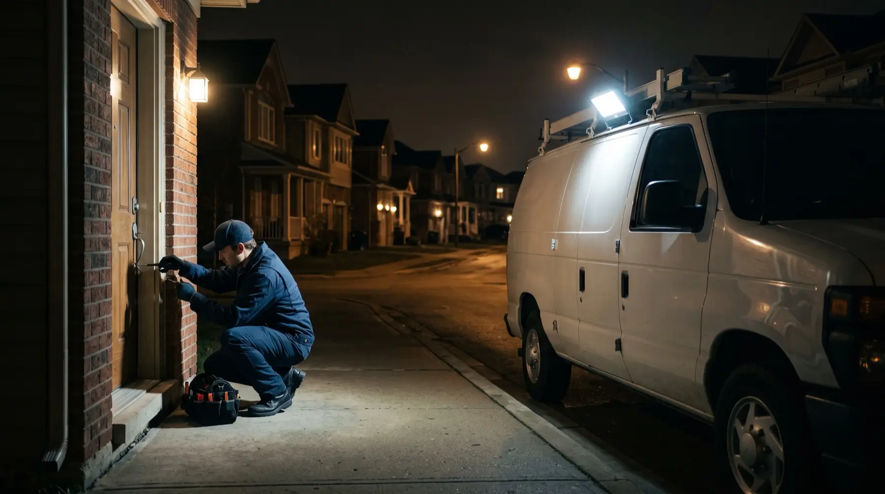 Damascus Locksmith working a lock at night with a service van at the curb