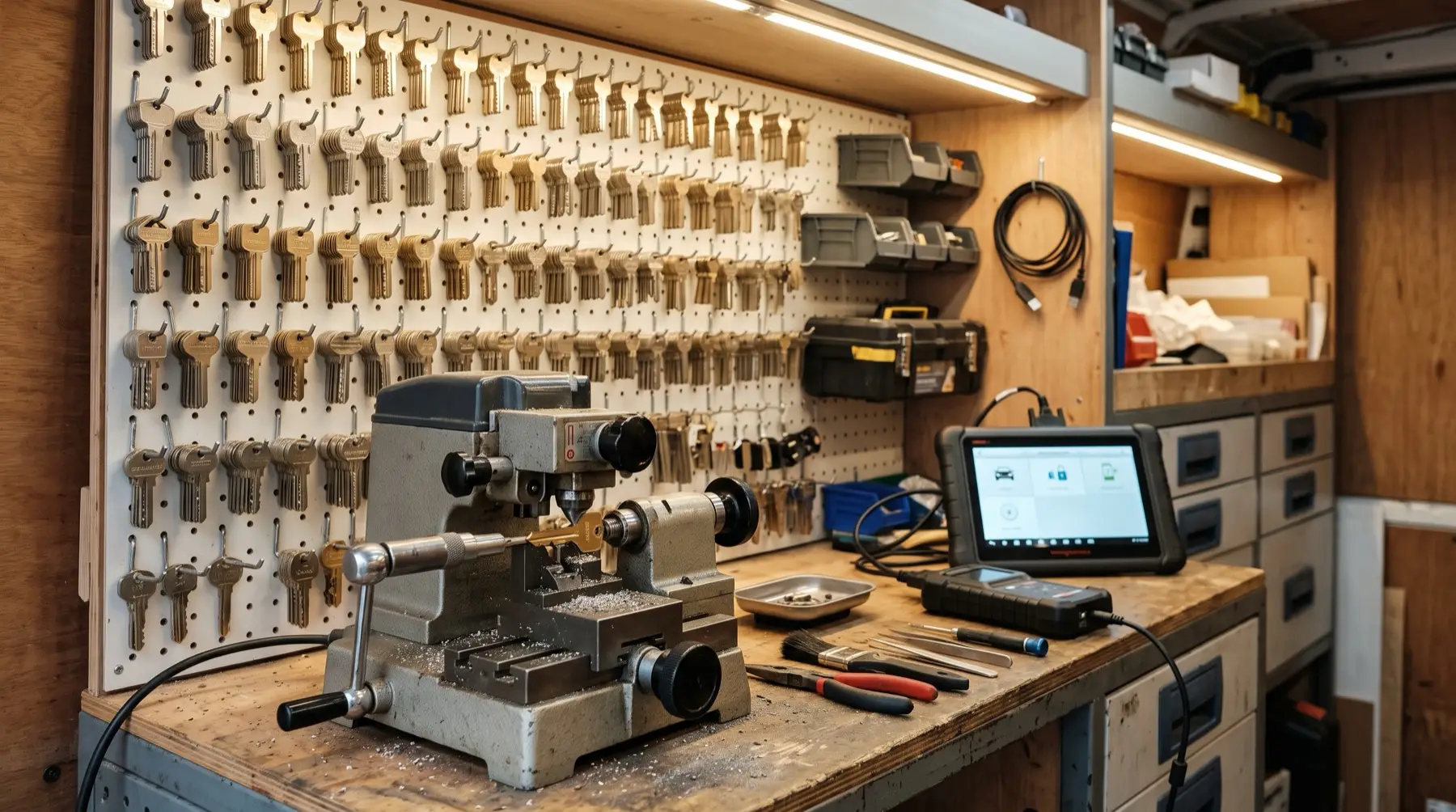 Key blanks and key-cutting equipment inside the Damascus Locksmith work van